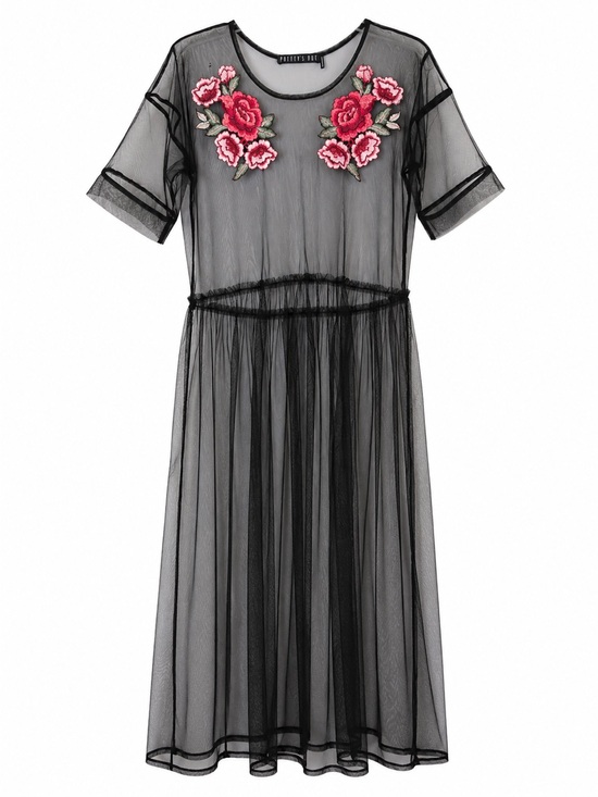 Forever 21 Dresses & Skirts - Forever 21 Black Sheer Mesh Dress with Pink Rose Embroidery - Women
